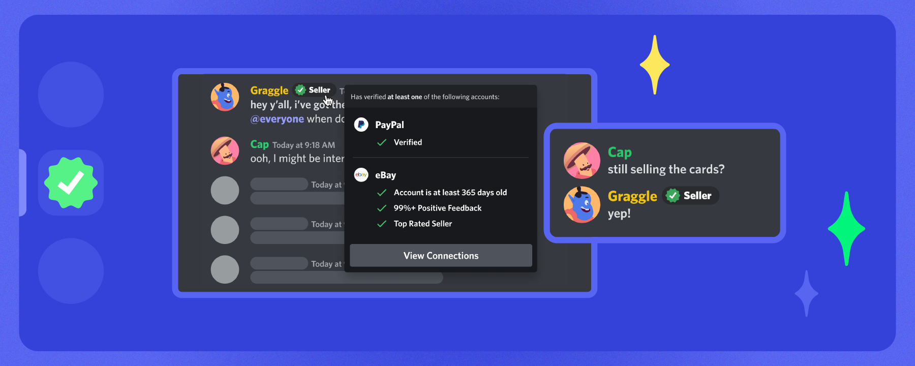 A Discord conversation with two users named Graggle and Cap. Graggle is discussing some trading cards they're looking to sell, and Cap is interested. Graggle's verified PayPal and eBay accounts are shown, giving Cap confidence in reaching out to ask about the cards in a different Discord conversation. 