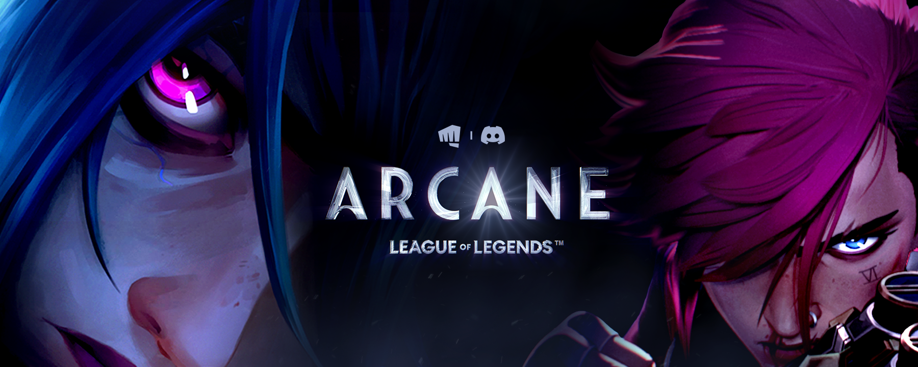 The words “Arcane, League of Legends” are under the Riot Games and Discord logos. Arcane characters Jinx and Vi are shown alongside the two logos.